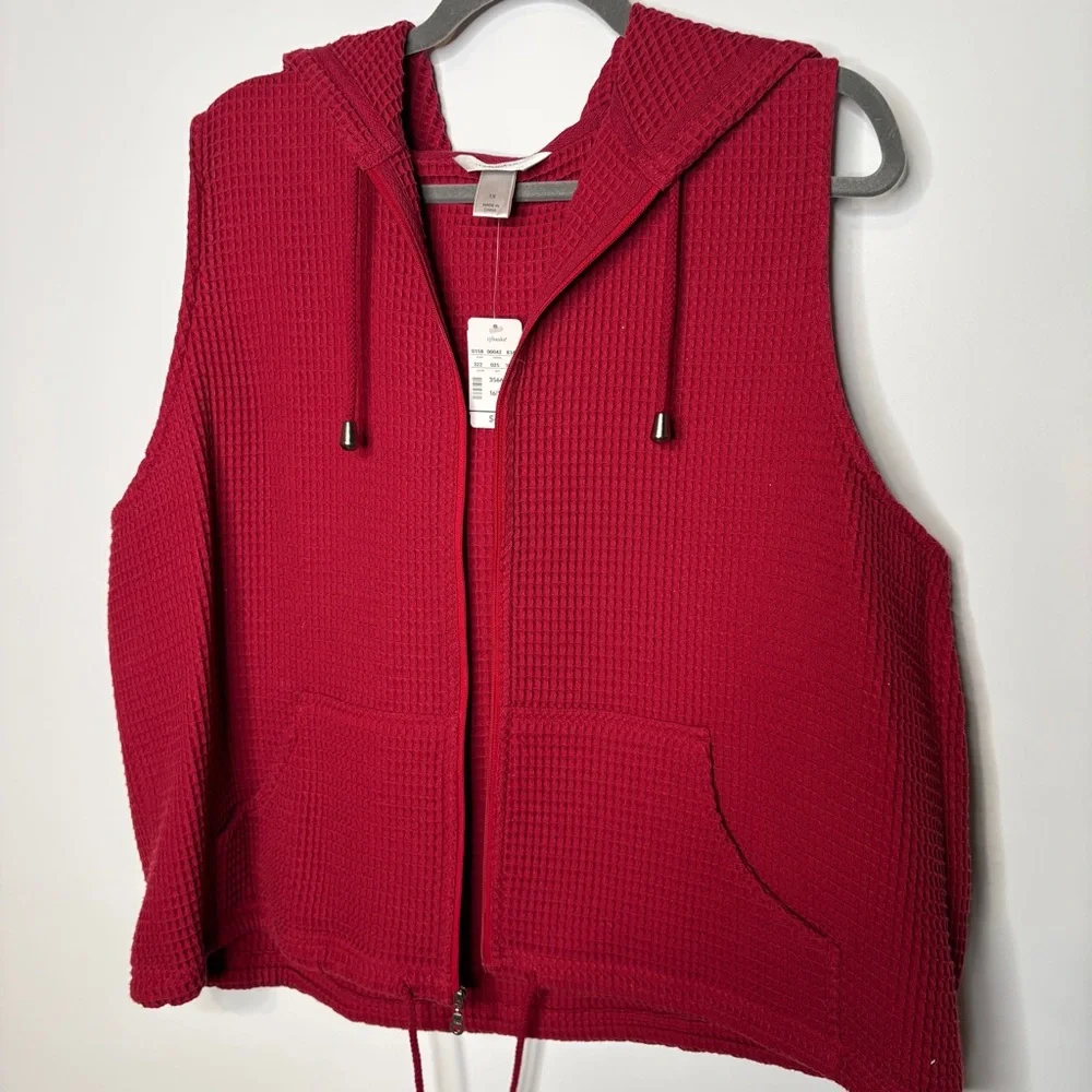 CJ Banks Waffle Knit Full Zip Hooded Sleeveless Vest NWT in Red Size 1X 16/18W